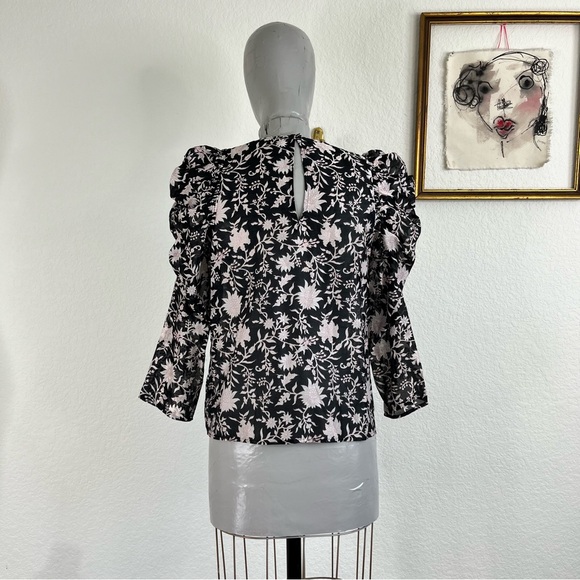 Ulla Johnson Black Silk & Cotton Printed Pink Floral Sheer Blouse - Picture 6 of 9